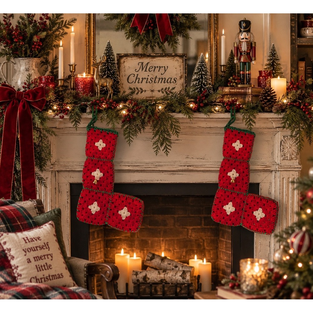 Vintage Crochet Christmas Stocking Pair Granny Square Handmade Bell Decor